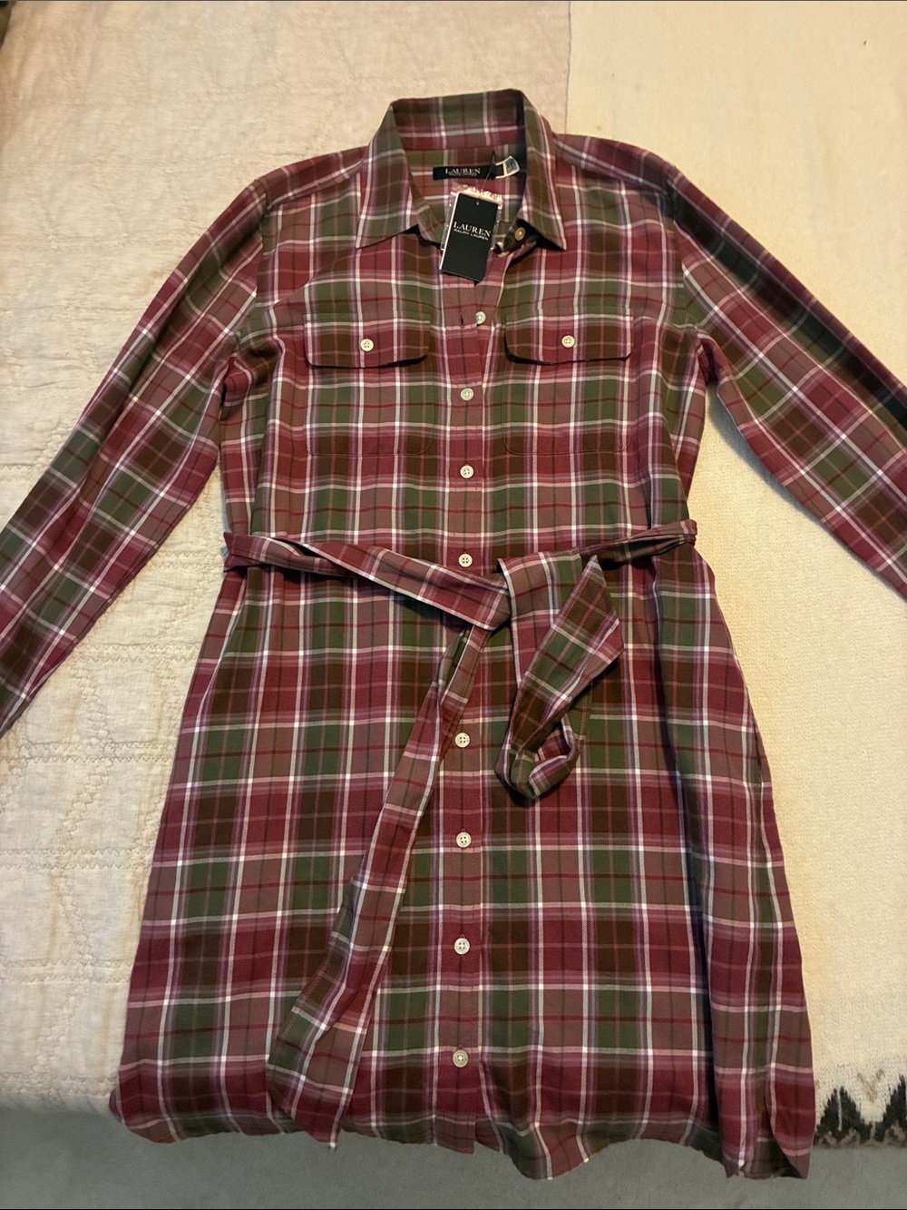 Ralph Lauren Dusty Rose & Olive Plaid Button-Up Shirt Dress NWT
